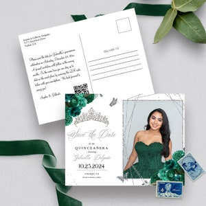 EDITIERBARE Einladung, Smaragdgrün & Silber Quinceanera Save The Date, Foto-Postkarte, Geburtstag, Mis Quince, Printable, Vorlage, Corjl