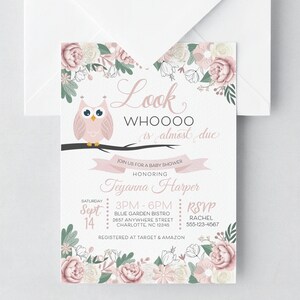 Pink Owl Baby Shower Invitation: Floral, Editable (Corjl)
