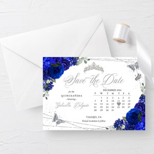 Royal Blue Floral Quinceanera Save The Date Invitation (Editable Template)
