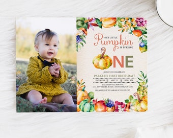EDITABLE Invitation, Fall Pumpkin First Birthday Photo Invitation, Fall, Pumpkin Invite, Autumn, Birthday Invite, Printable, Template, Corjl
