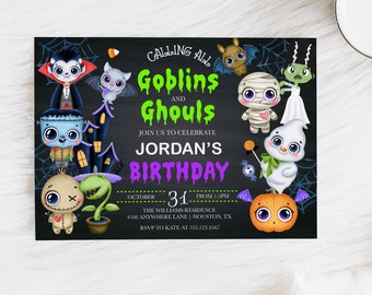 May include: A Halloween-themed birthday invitation with a black chalkboard background and colourful cartoon characters. The text reads "Calling All Goblins and Ghouls Join Us to Celebrate Jordan's Birthday October 31 from 1-3pm The Williams Residence 4108 Anywhere Lane | Houston, TX RSVP to Kate at 555.123.4567"