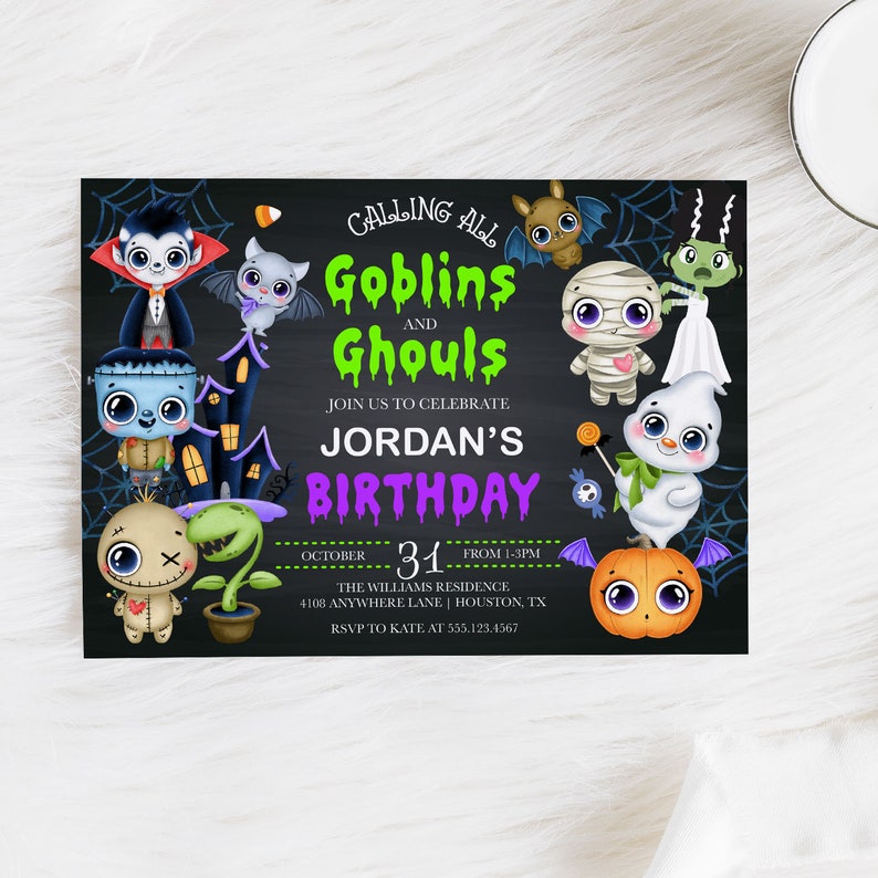 May include: A Halloween-themed birthday invitation with a black chalkboard background and colourful cartoon characters. The text reads "Calling All Goblins and Ghouls Join Us to Celebrate Jordan's Birthday October 31 from 1-3pm The Williams Residence 4108 Anywhere Lane | Houston, TX RSVP to Kate at 555.123.4567"