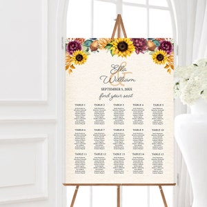 Plantilla EDITABLE, Tabla de asientos de boda de otoño de girasol, Plantilla de boda imprimible, Flores de acuarela, Tabla de asientos, Imprimible, Corjl