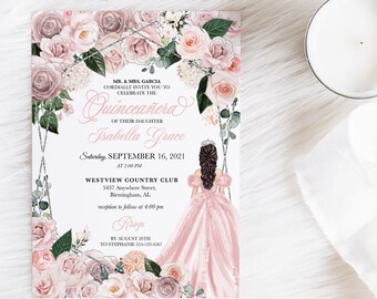 May include: A Quinceañera invitation featuring a floral design with pink and mauve roses, and the text "Quinceañera Isabella Grace". The invitation includes event details and a drawing of a girl in a pink gown. A candle is in the background.