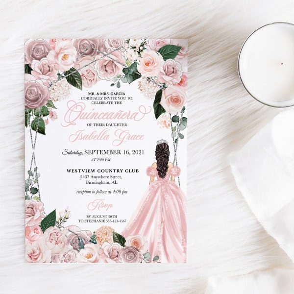 EDITABLE Invitation, Elegant Blush Pink and Silver Floral Quinceanera Invitation, Birthday Invite, Mis Quince, Printable, Template, Corjl