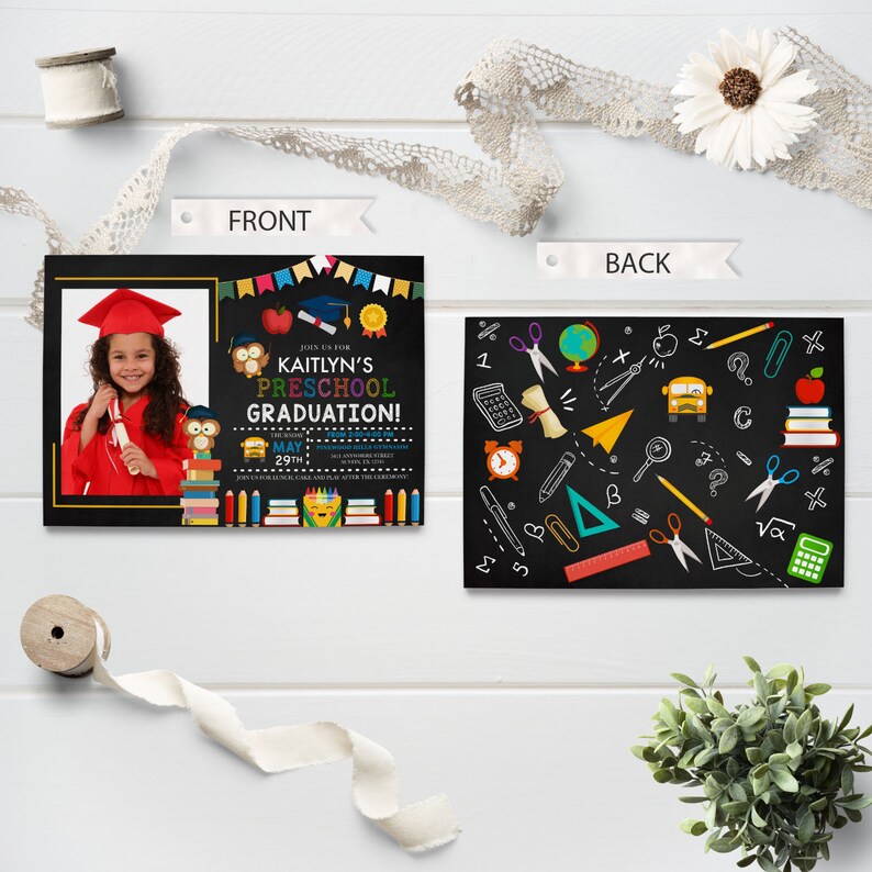 May include: Preschool graduation announcement with a photo of a child in a red cap and gown. The front of the card has the text "KAITLYN'S PRESCHOOL GRADUATION!" and the date. The back features school-themed doodles.