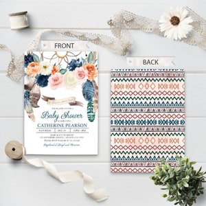 May include: Baby shower invitation with a floral and feather design. The front of the invitation features watercolor flowers in peach, pink, and navy blue, with the text "Baby Shower" and the name "Catherine Pearson". The back has a geometric pattern.