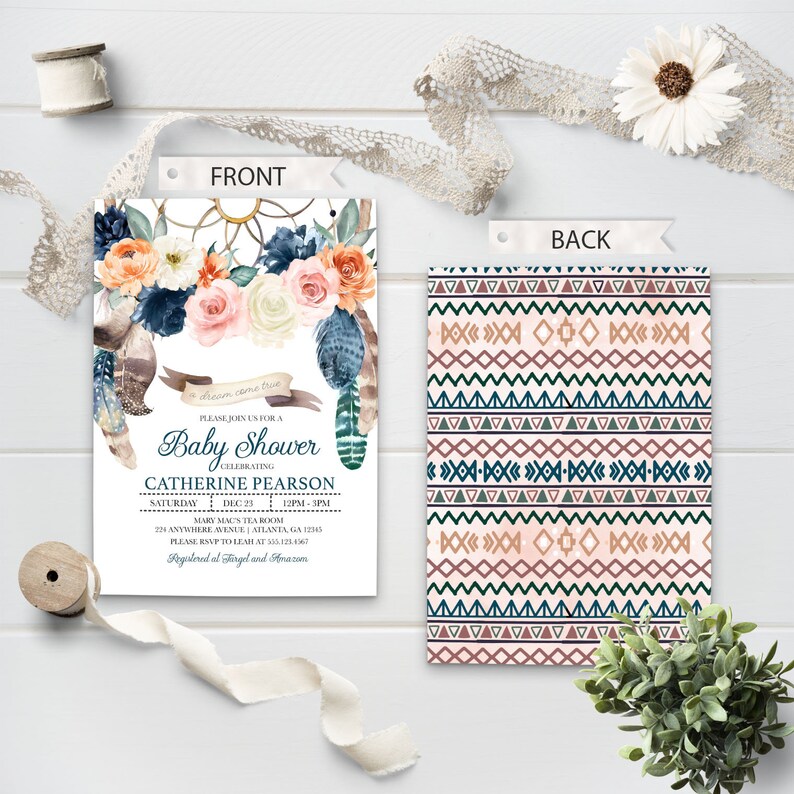 May include: Baby shower invitation with a floral and feather design. The front of the invitation features watercolor flowers in peach, pink, and navy blue, with the text "Baby Shower" and the name "Catherine Pearson". The back has a geometric pattern.