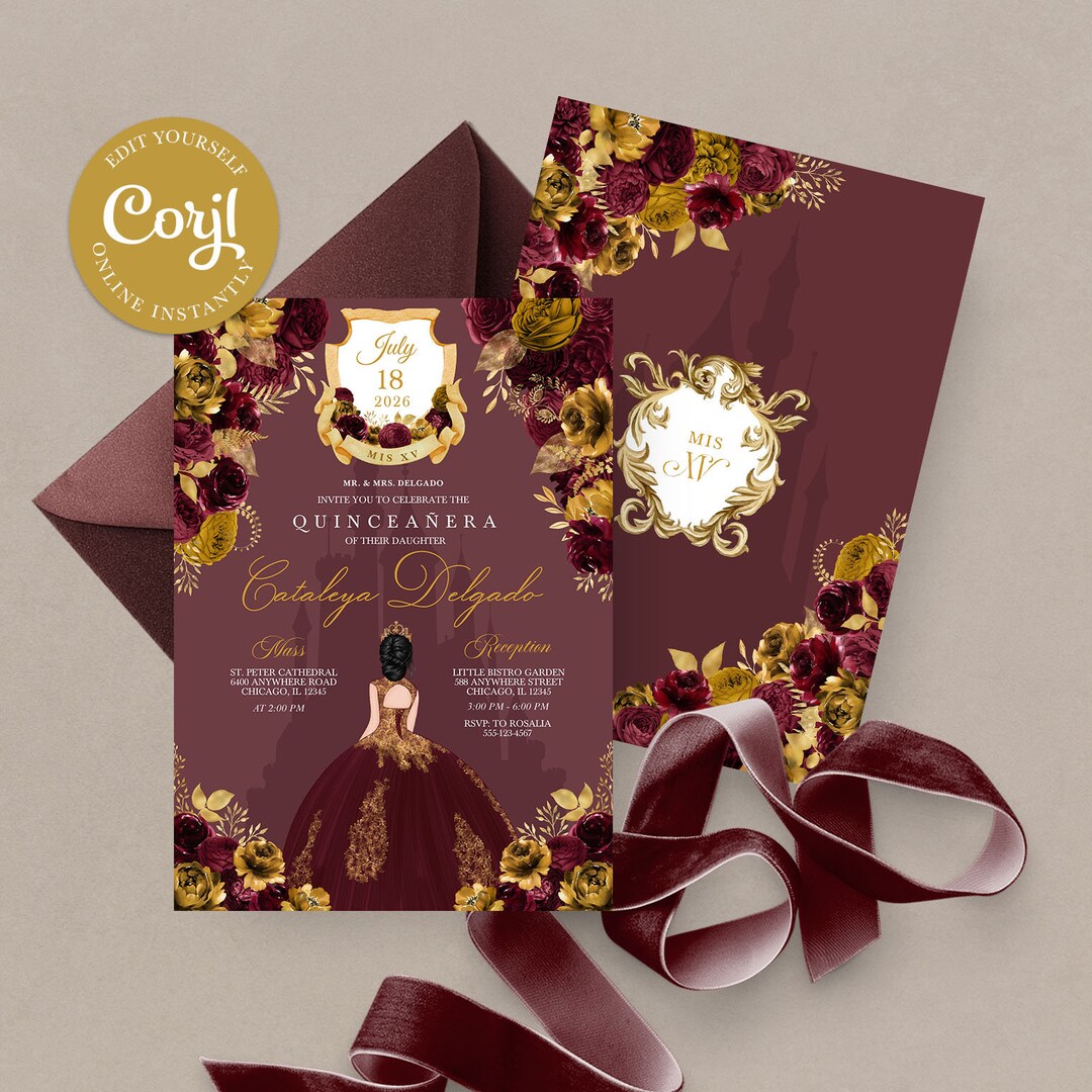 EDITABLE Invitation, Burgundy & Gold Floral Quinceanera Invitation