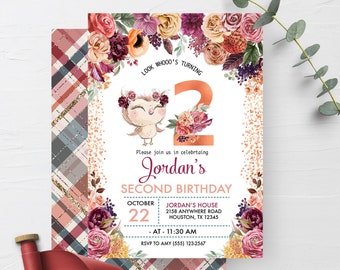 EDITABLE Invitation, Autumn Floral Owl Birthday Invitation, Fall, Owl Birthday Invite, Owl, Printable Birthday Invitation Template, Corjl