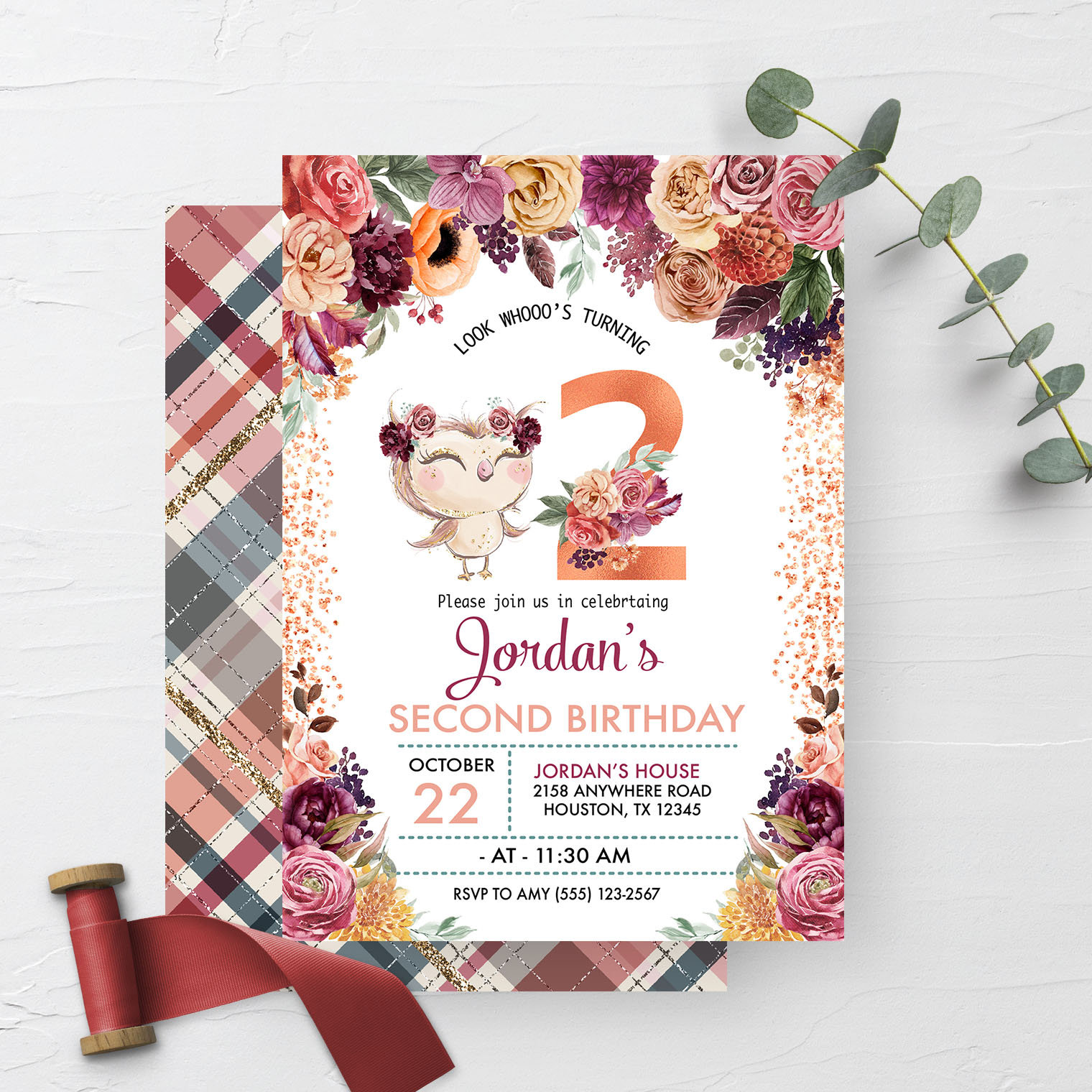 Autumn Owl Birthday Invitation: Floral Girl Birthday, Editable Template (Corjl)