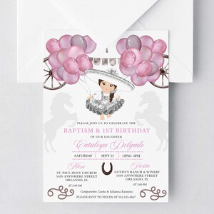 EDITABLE Invitation, Pink & Silver Baby Charra Baptism Birthday Invitation, Mexican, Fiesta, Bautizo, Printable, Template, Corjl