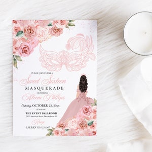 Editierbare Einladung, Blush Pink Floral Sweet Sixteen Maskerade Einladung, GeburtstagSeinladung, Sweet 16, druckbar, Vorlage, Corjl