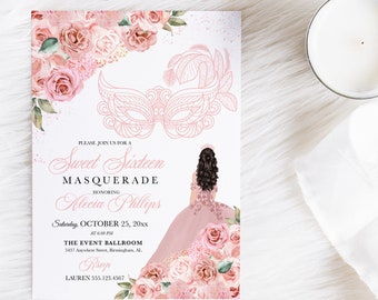 May include: Pink and white invitation for a Sweet Sixteen Masquerade party. The invitation features a pink floral design, a masquerade mask, and a silhouette of a girl in a pink dress. The text on the invitation reads "Sweet Sixteen Masquerade" and "Alecia Philips".