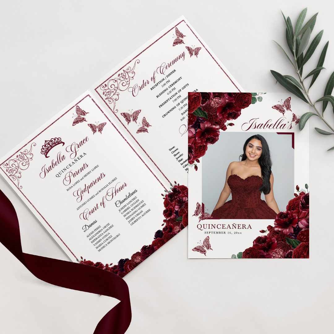 EDITABLE Program Template, Elegant Burgundy Floral Quinceanera Program EDITABLE Program Template, Elegant Burgundy Floral Quinceanera Program
