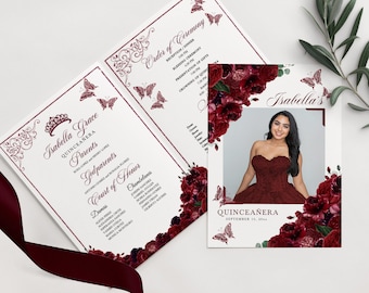 May include: A Quinceañera invitation with a burgundy floral design and a photo of the celebrant in a burgundy dress. The invitation includes the text "Isabella's Quinceañera September 18, 20xx".