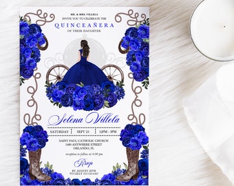 May include: A blue and brown quinceañera invitation with a drawing of a young woman in a blue dress and a crown. The invitation includes the text "MR. & MRS. VILLELA INVITE YOU TO CELEBRATE THE QUINCEAÑERA OF THEIR DAUGHTER Selena Villela SATURDAY SEPT 23 12PM - 3PM SAINT PAUL CATHOLIC CHURCH 5489 ANYWHERE STREET ORLANDO, FL reception to follow at 4:00 pm RSVP BY AUGUST 20TH TO LILLY 555-123-4567"