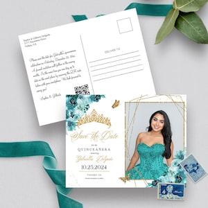 EDITIERBARE Einladung, Teal & Gold Floral Quinceanera Save The Date, Foto Postkarte, Geburtstag, Mis Quince, druckbare Einladung, Vorlage, Corjl