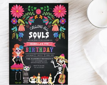 May include: A Day of the Dead themed birthday party invitation with a black chalkboard background. The invitation features a colorful floral border, a skeleton playing a guitar, and a girl dressed as a skeleton. The text reads "Calling All Souls, Please Join Us To Celebrate Isabella's 7th Birthday, Saturday, Oct 31, 12PM-3PM, The Ramirez Residence, 2147 Anywhere Lane, Spookyville, TN 12345, RSVP to Katie at 555.123.4567."