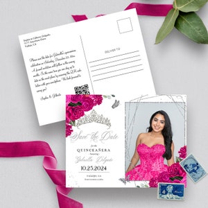 Invitación EDITABLE, Quinceañera Rosa Fucsia y Plata Guardar la Fecha, Foto Postal, Cumpleaños, Mis Quince, Imprimible, Plantilla, Corjl