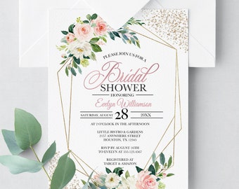 Peach Floral Bridal Shower Invitation Template (Editable on Corjl) Digital