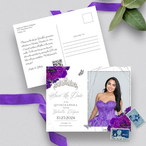 EDITIERBARE Einladung, Lila & Silber Quinceanera Save The Date, Foto Postkarte, Geburtstag, Mis Quince, Printable Invite, Template, Corjl
