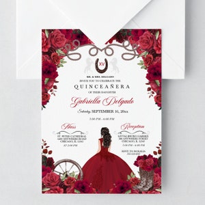 Red Roses Quinceanera Invitation: Western Cowboy Boots, Charra (Editable Template)