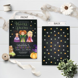 May include: Hocus Pocus themed birthday party invitation with a black chalkboard background. The invitation features three witches from the movie Hocus Pocus, a pumpkin, and stars. The text on the invitation reads "Join us for a bunch of Hocus Pocus", "Matilda's Birthday Party", "October 31st from 1-3pm", "The Williams Residence", "346 Anywhere Street", "Houston, TX 1243", and "Please RSVP to Kate at 512-555-1245".
