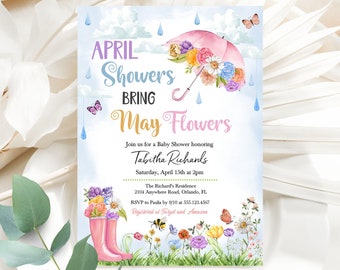 EDITABLE, April Showers Bring May Flowers Baby Shower Invitation, Umbrella, Rain Boots, Pink, Baby Shower, Printable, Template, Corjl