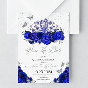 Royal Blue Floral Quinceanera Save The Date Invitation (Editable Template)