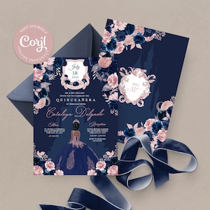 EDITABLE Invitation, Navy Blue & Blush Pink Floral Quinceanera Invitation, Birthday Invite, Mis Quince, Printable, Template, Corjl
