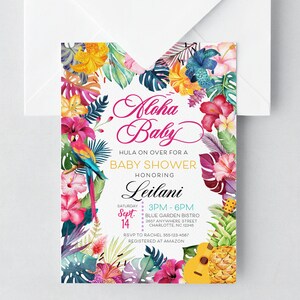 May include: A tropical-themed baby shower invitation with a colorful floral border, a parrot, and a ukulele. The text reads "Aloha Baby" and "Hula on over for a Baby Shower Honoring Leilani". The date is Saturday, September 14th, from 3 PM to 6 PM. The location is Blue Garden Bistro, 2657 Anywhere Street, Charlotte, NC 12345. RSVP to Rachel at 555-123-4567. Registered at Amazon.