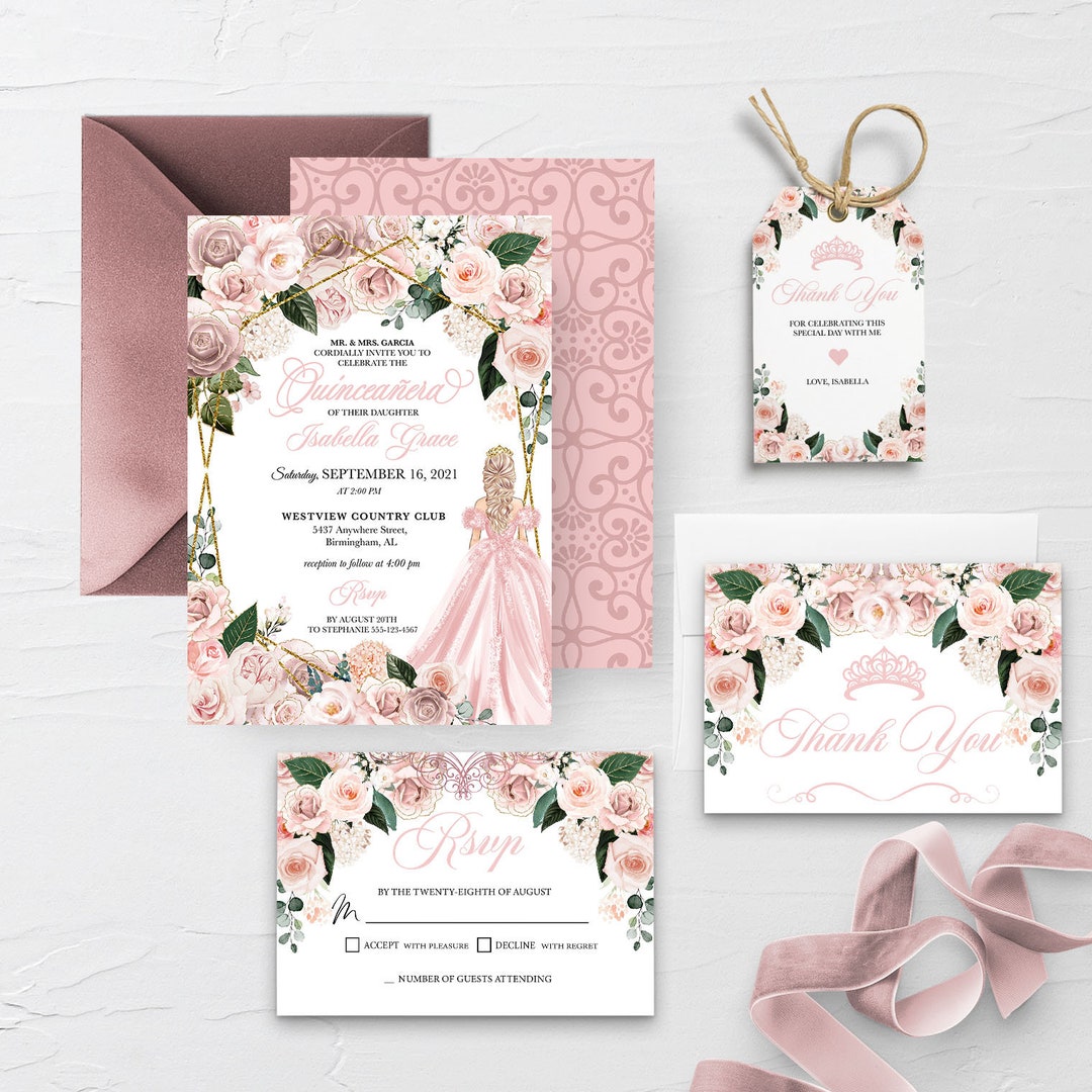 EDITABLE Invitation, Blush Pink Floral Quinceanera Invitation Bundle