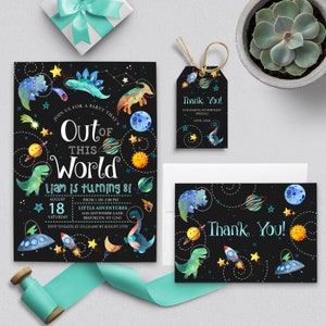 Dinosaur Outer Space Birthday Invitation Bundle (EDITABLE Template)