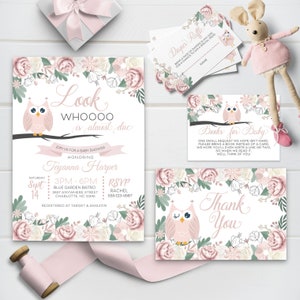 Invitation MODIFIABLE, Pink Owl Baby Shower Invitation Bundle, Floral Invite, Baby Owl, Imprimable, Baby Shower Invitation, Corjl