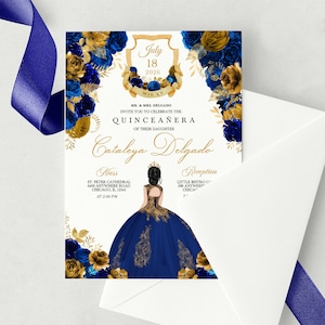 EDITABLE Invitation, Royal Blue & Gold Floral Quinceanera Invitation, Birthday Invite, Mis Quince, Printable, Template, Corjl