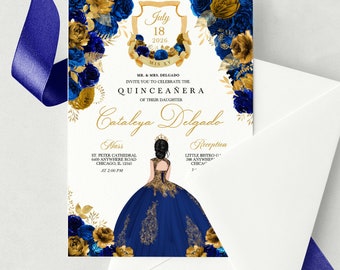May include: A Quinceañera invitation with a blue and gold floral design. The invitation features a silhouette of a young woman in a blue gown with gold accents. The text on the invitation reads "July 18, 2026, Mis XV, Mr. & Mrs. Delgado, Invite you to celebrate the Quinceañera of their daughter, Catalaya Delgado, Mass, St. Peter Cathedral, 6100 Anywhere Road, Chicago, IL 12345, At 2:00 PM, Reception, Little Bistro G, 588 Anywhep, Chicac".