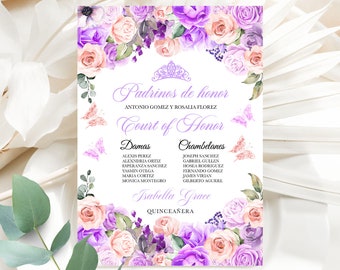 May include: A purple and pink floral design with a crown and the text "Padrinos de honor" and "Court of Honor". The text "Isabella Grace Quinceañera" is at the bottom of the design.