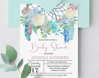 Boho Traumfänger-Babyparty-Einladung: Bearbeitbare Blumenvorlage (Corjl)