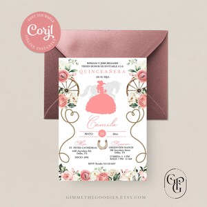 Pink Roses Western Mariachi Charro Princess Quinceanera Invitation, Fiesta, Birthday, Mis Quince, Printable, Template, Corjl