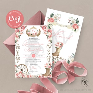 Pink Roses Western Charro Cowboy Boots Quinceanera Invitation, Fiesta, Birthday, Mis Quince, Printable, Template, Corjl