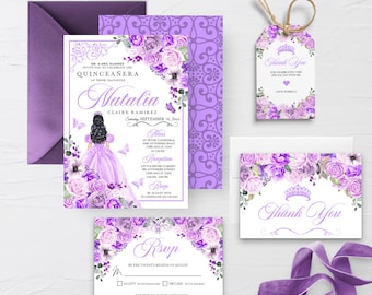 May include: Purple and white Quinceañera invitation suite with floral designs and a crown. The invitation includes the text "MR & MRS RAMIREZ INVITE YOU TO CELEBRATE THE QUINCEAÑERA OF THEIR DAUGHTER NATALIA CLAIRE RAMIREZ Saturday SEPTEMBER 16, 20XX Mass ST. PETER CATHEDRAL 400 ANYWHERE ROAD CHICAGO, IL 60601 12:00 PM Reception LITTLE RUSTIC GARDEN 500 ANYWHERE STREET CHICAGO, IL 60601 2:00 PM RSVP BY AUGUST 20XX 777-555-1212", a thank you card with the text "Thank You", and a favor tag with the text "Thank You for celebrating this special day with me LOVE, NATALIA".