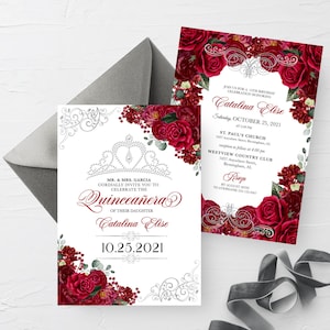 Red Floral Quinceanera Invitation: Elegant Silver Template (Editable, Printable)