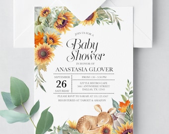 Invito per baby shower a tema girasole: invito autunnale modificabile (Corjl)