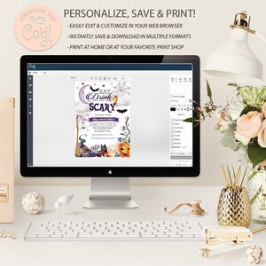 May include: A computer screen displaying a Halloween party invitation with the text "Eat Drink Scary" and a purple, black, and orange color scheme. The invitation is being edited in a design program with a variety of tools and options.