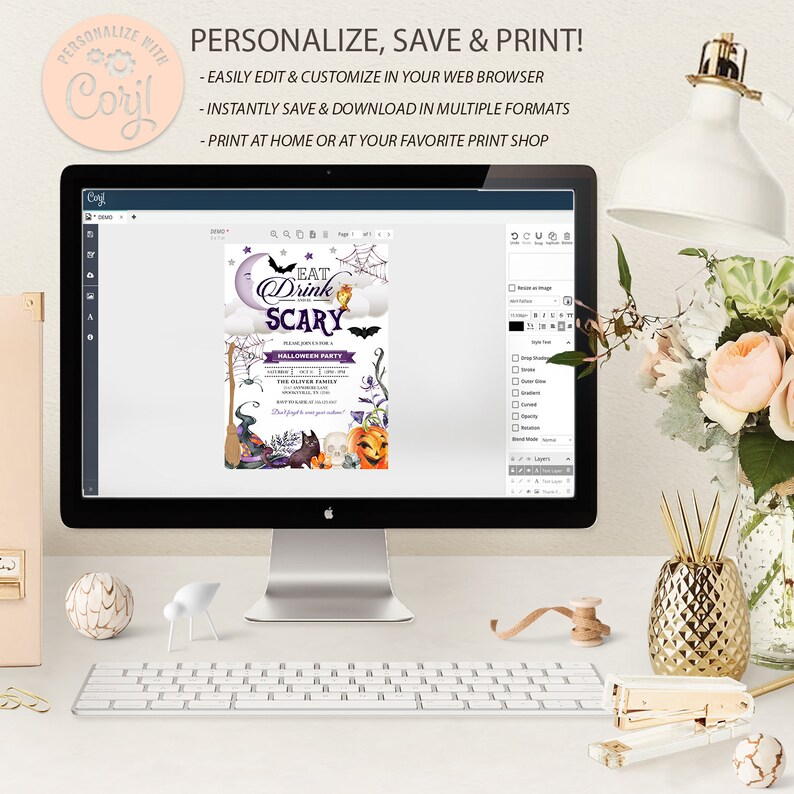 May include: A computer screen displaying a Halloween party invitation with the text "Eat Drink Scary" and a purple, black, and orange color scheme. The invitation is being edited in a design program with a variety of tools and options.