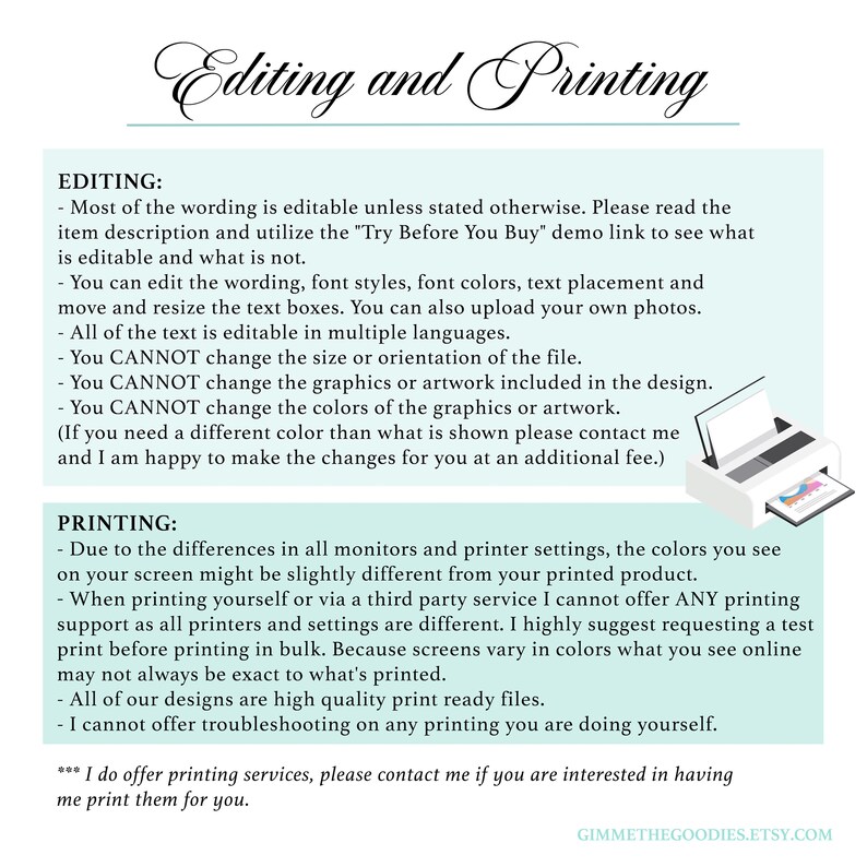 K&ouml;nnte beinhalten: Eine hellblaue und wei&szlig;e Grafik mit dem Text "Editing and Printing" in einer kursiv geschriebenen Schriftart. Die Grafik enth&auml;lt eine Liste mit Informationen zu Bearbeitung und Druck. Der Text enth&auml;lt Informationen zur Bearbeitung des Wortlauts, der Schriftarten, der Schriftfarben, der Textplatzierung und zum Hochladen von Fotos. Der Text enth&auml;lt auch Informationen zum Druck, wie z. B. die Unterschiede bei den Monitor- und Druckereinstellungen und die Tatsache, dass der Verk&auml;ufer Druckdienste anbietet.