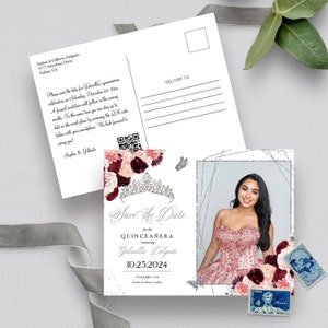 Convite EDITÁVEL, Borgonha Rosa e Prata Quinceanera Salvar a Data, Cartão Postal com Foto, Aniversário, Mis Quince, Para Impressão, Modelo, Corjl