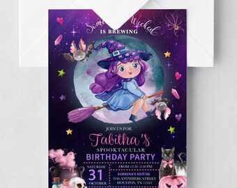 May include: Purple and blue Halloween birthday party invitation with a cartoon witch flying on a broomstick in front of a full moon. The text reads "Join us for Tabitha's Spooktacular Birthday Party" with the date and time of the party.