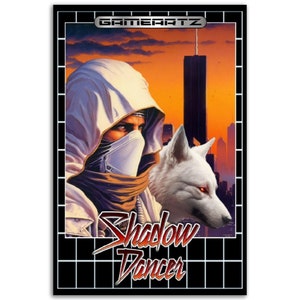 May include: A retro video game box art featuring a hooded figure in white with a white mask, a white wolf, and a cityscape in the background. The title "Shadow Dancer" is written in red and black.